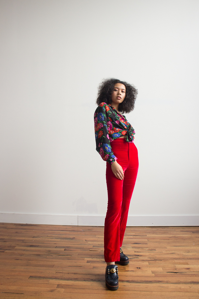 1970s Red Silk Velvet Bell Bottoms