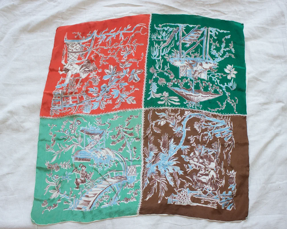 1940s Silk Pastoral Scene Scarf