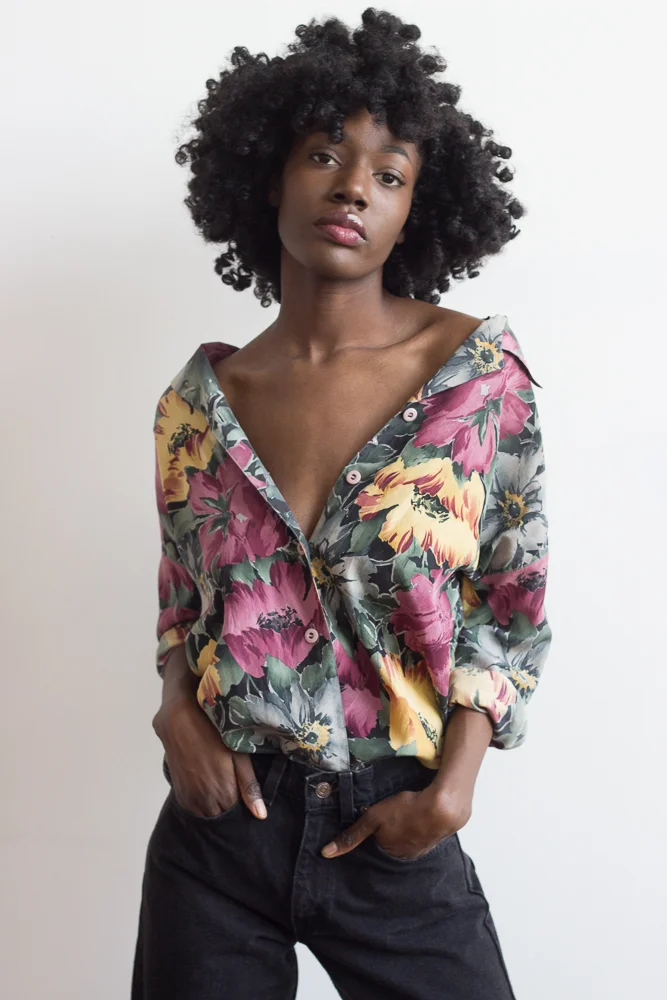Vintage Silk Oversize Shirt Abstract Pattern Boho Loose Retro Blouse