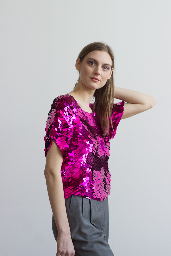 1980s Fuchsia Paillette Silk Top