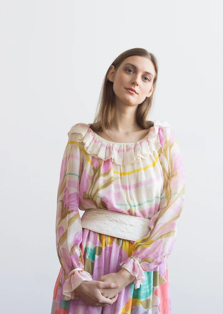 1980s Silk Chiffon Watercolor Peasant Dress