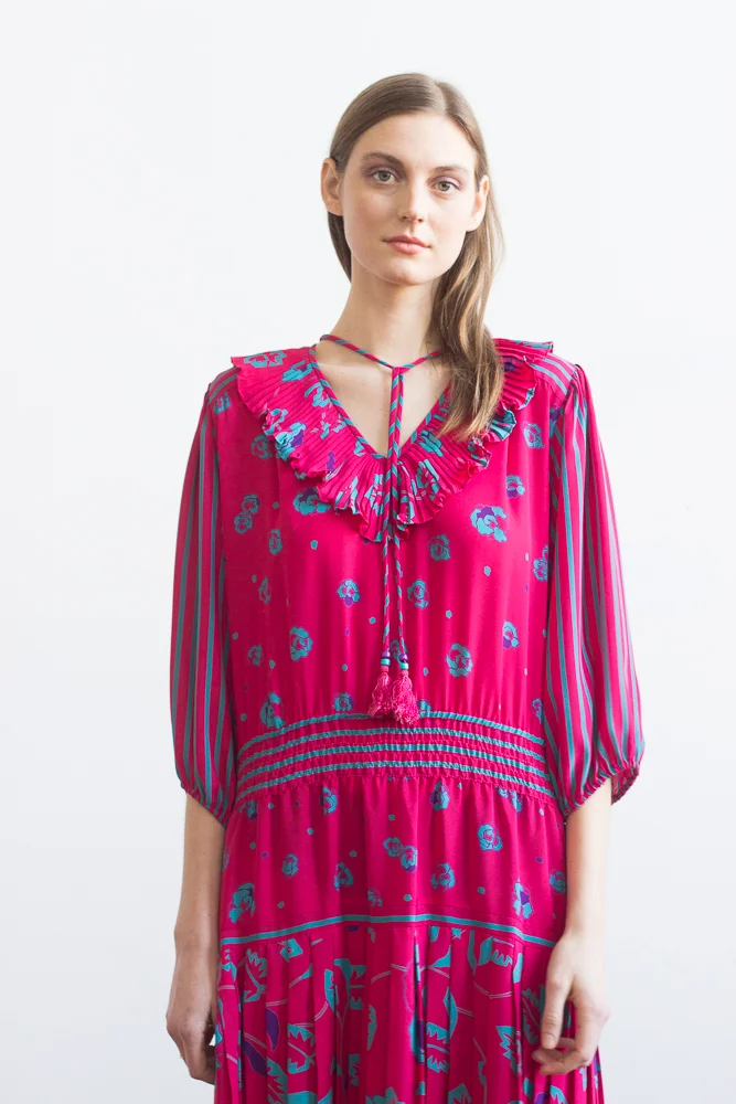1980s Diane Freis Magenta Peasant Dress