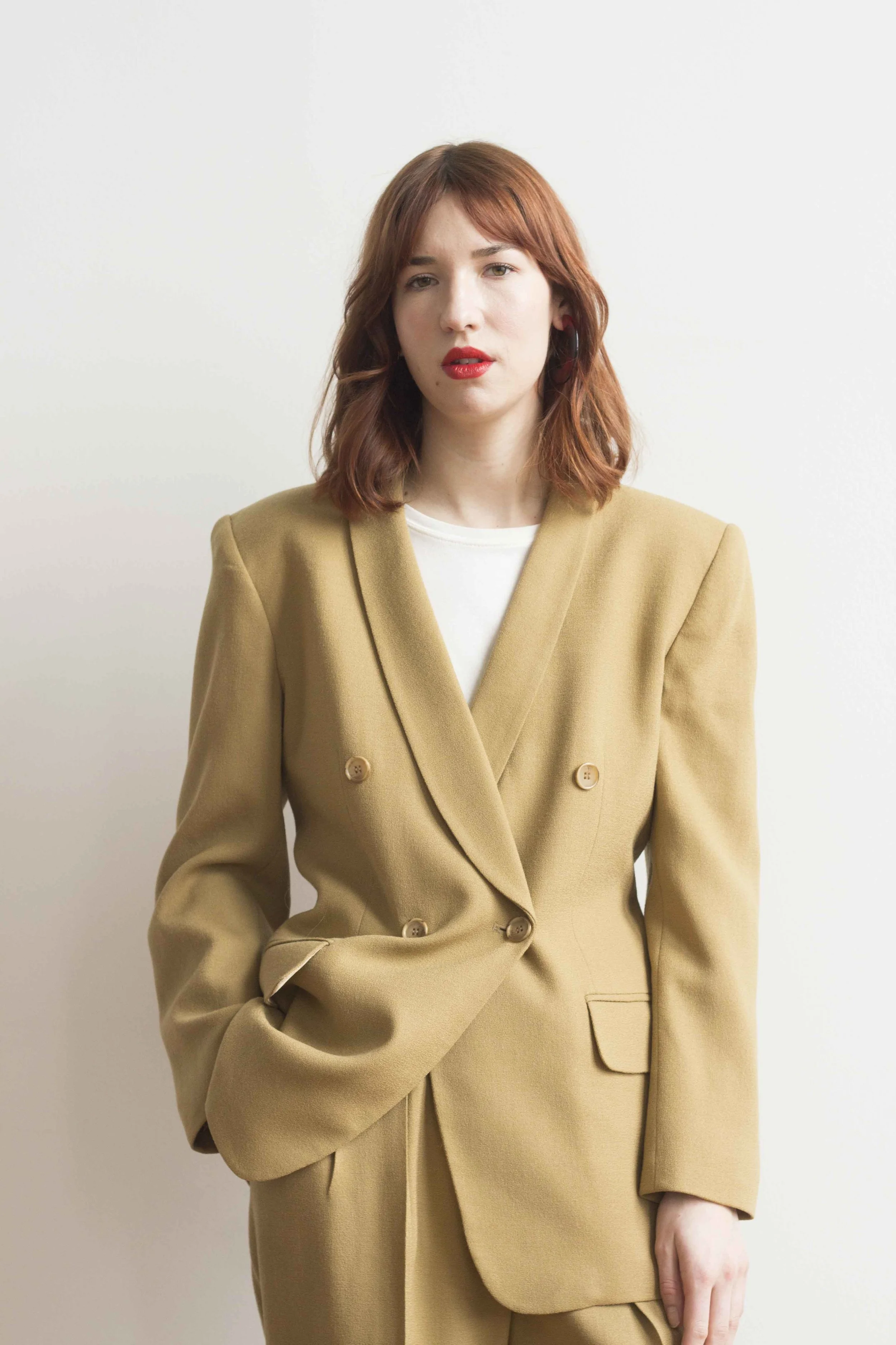 1980s Tan Wool Crepe Double Breasted Suit