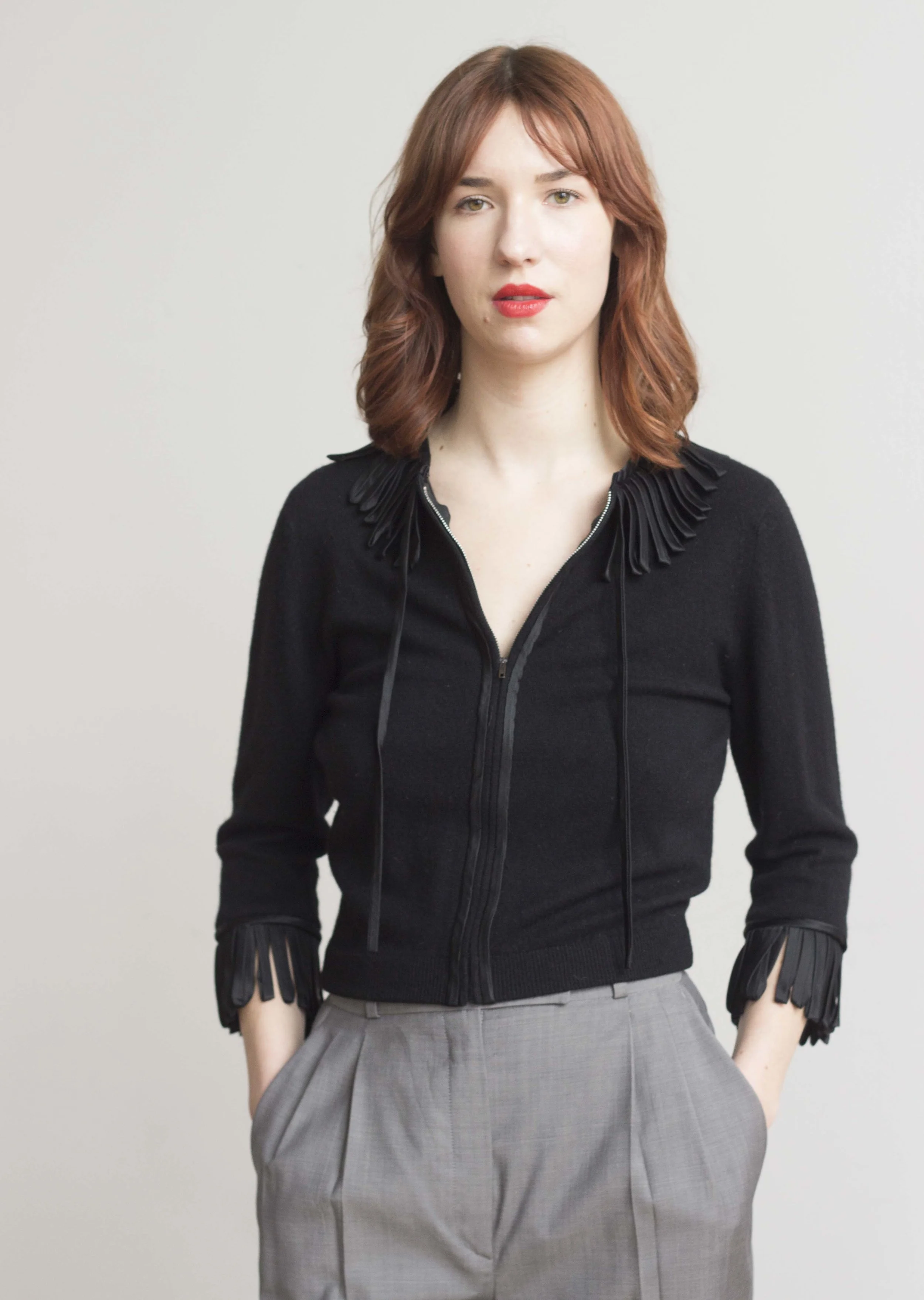 1950s Black Cashmere Fringed Zip Cardigan