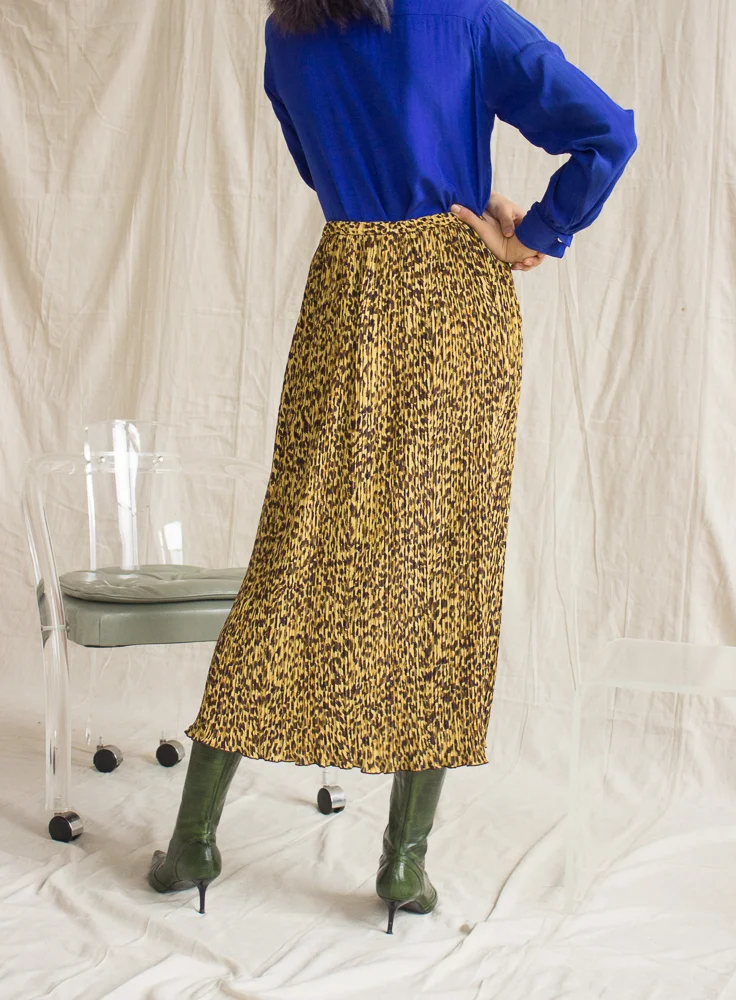 1980s Leopard Print Micro Pleat MIdi Skirt