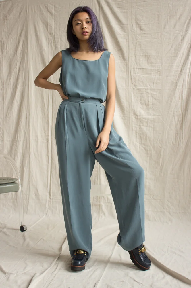 1980s Teal Silk Two Piece Set