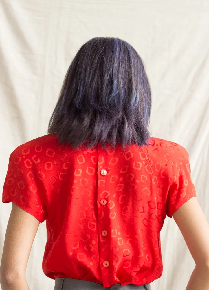 1980s Red Silk High Collar Blouse