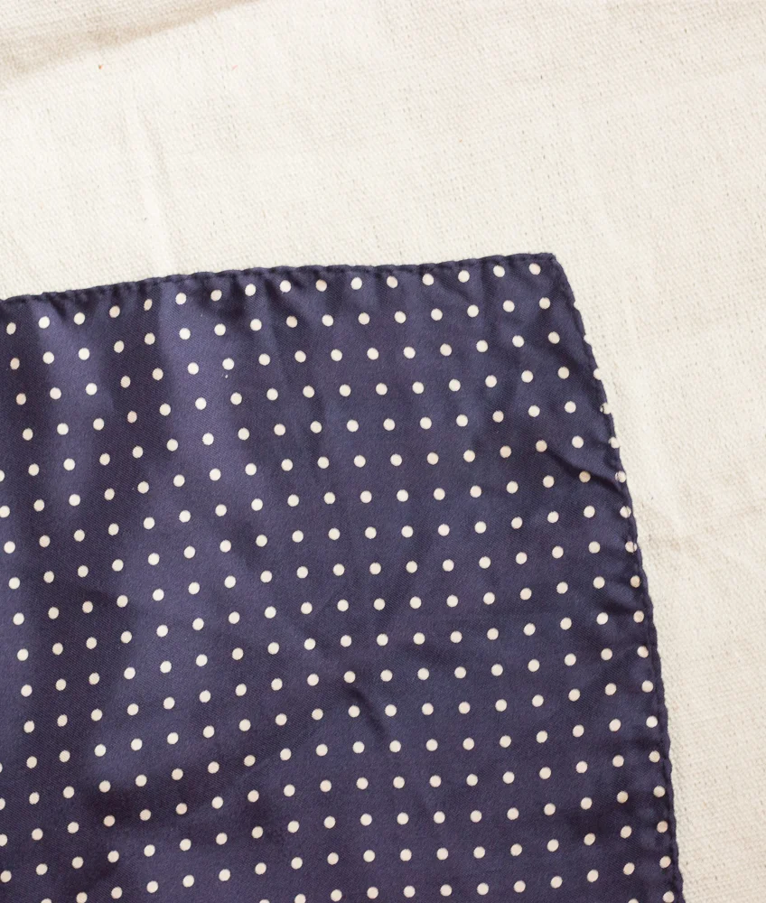 1980s Navy &amp; White Silk Polka Dot Kerchief 