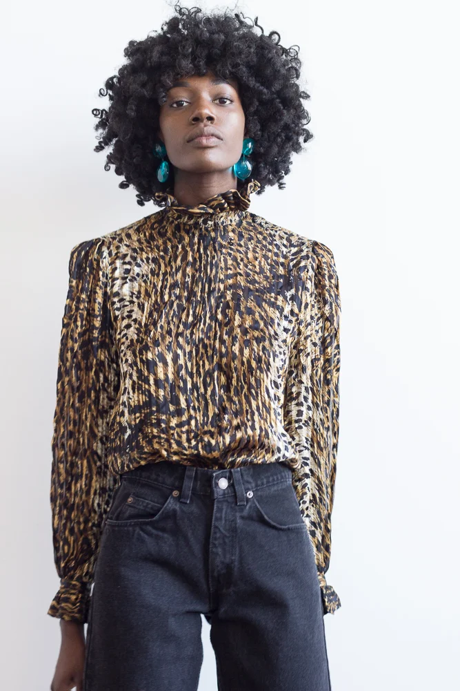 1980s Leopard Print Silk HIgh Collar Blouse