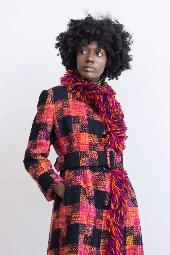 1960s Plaid Fringed Belted Coat