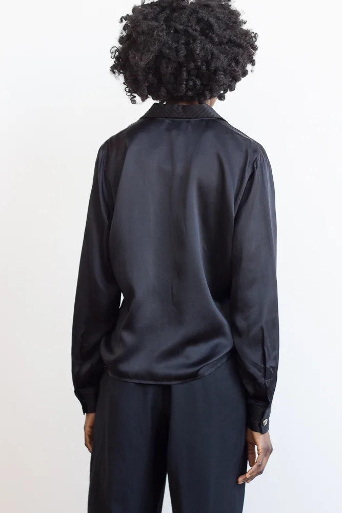 1980s Black Silk Quilted Collar Blouse