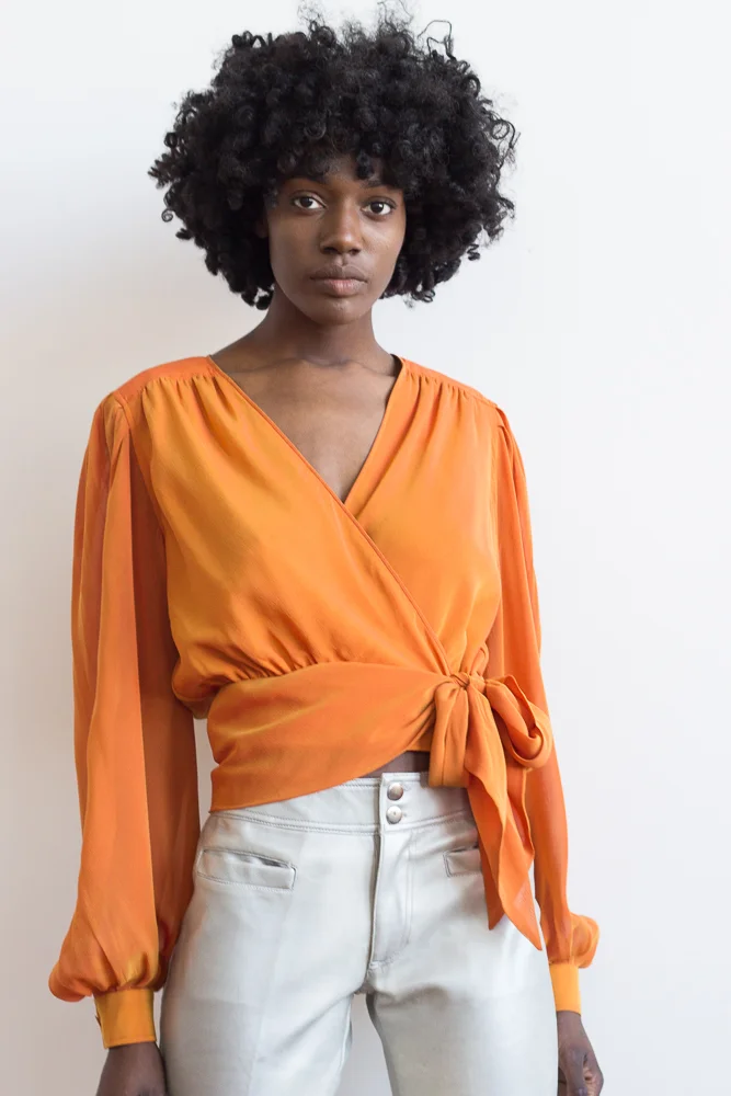 1980s Ungaro Parallel Paris Orange Chiffon Wrap Top — Wayward 