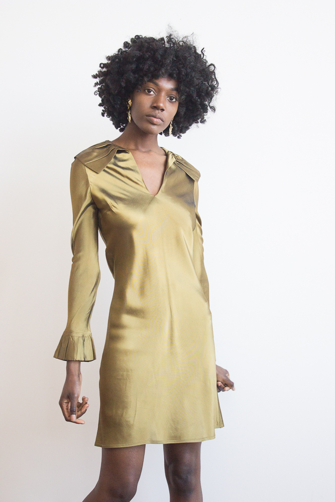 slim fit dress slacks 1970s Gold Lamé Pleated Party Dress