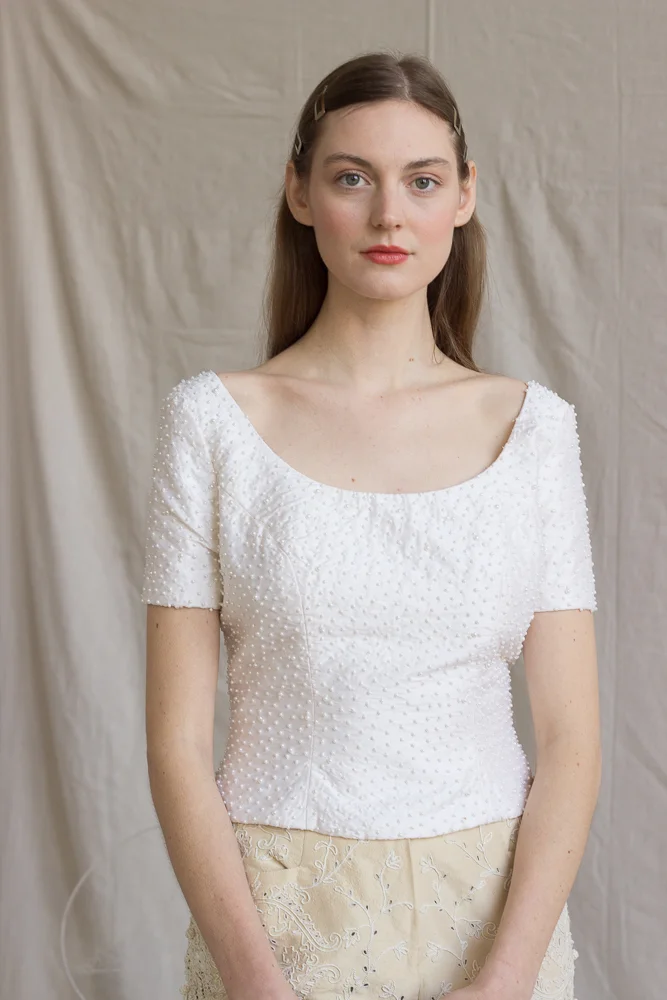 1990s Pearl Beaded Silk Taffeta Blouse