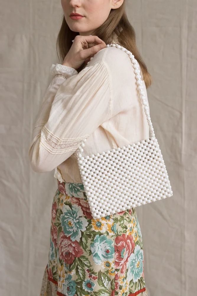 1960s White Beaded Shoulder Bag