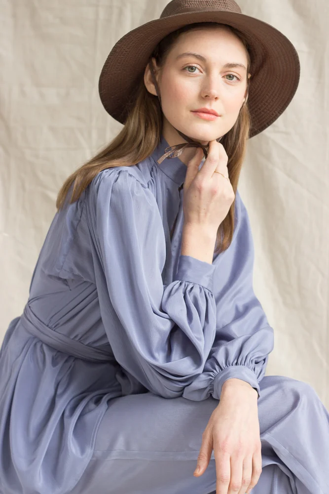 1970s Heléne Sidel French Blue Draped Ensemble