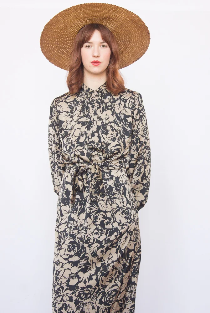 1980s Black and Beige Floral Dress