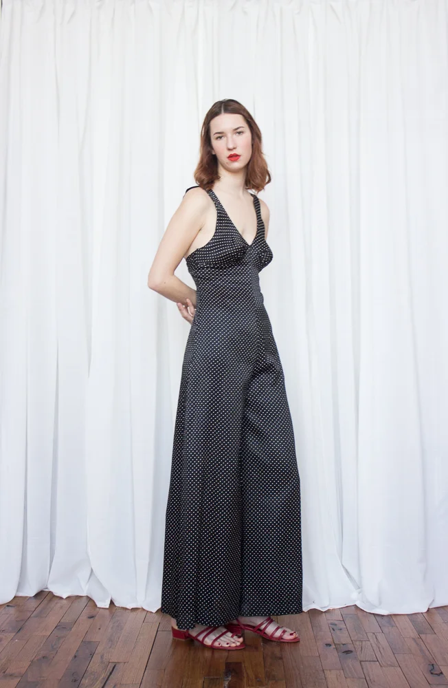 1970s does 1930s Swiss Dot Satin Palazzo Jumpsuit