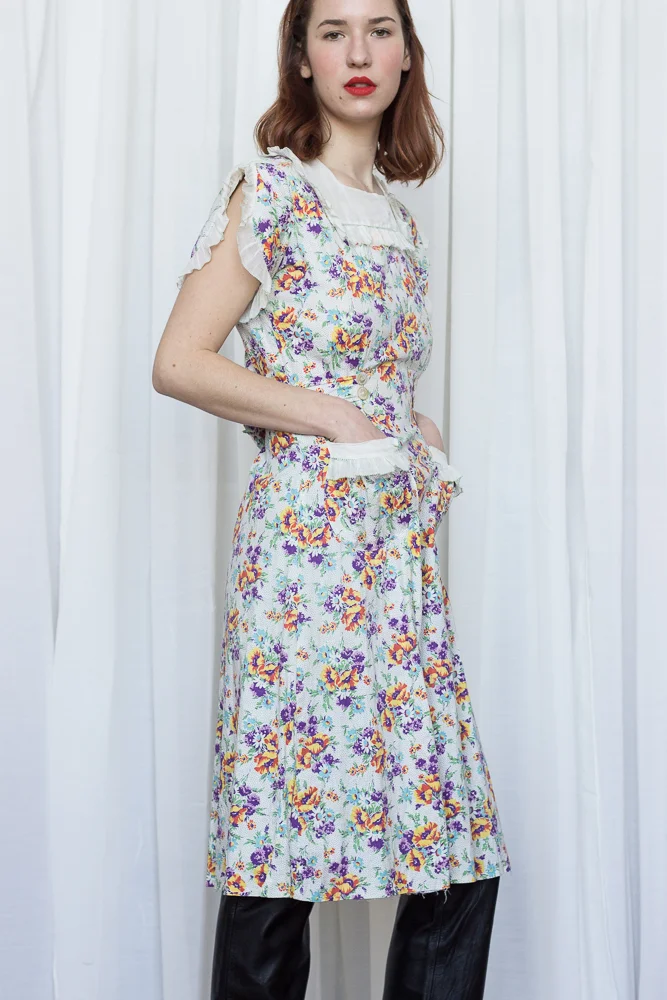 1940s Floral Cotton Dress with Organdy Trim