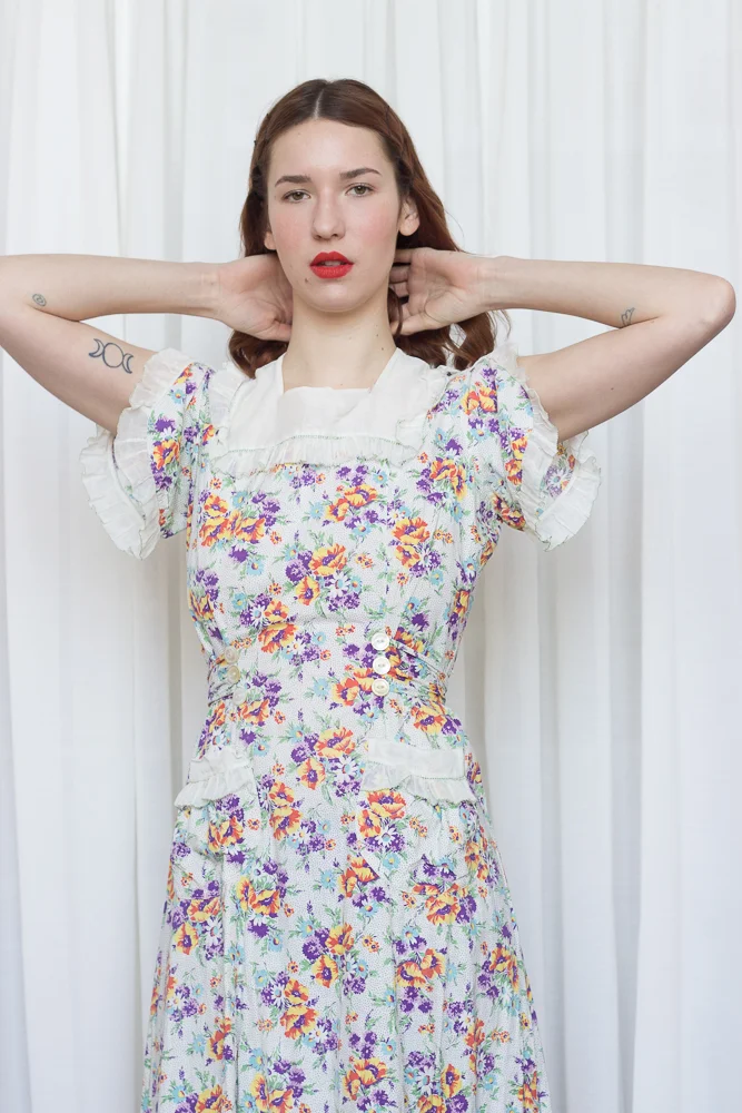 cotton organdy dress 1930S Off White Cotton Organdy Garden Party Dress With Tiny Green Polka Dots & Matching Ruffle Sleeve Bolero
