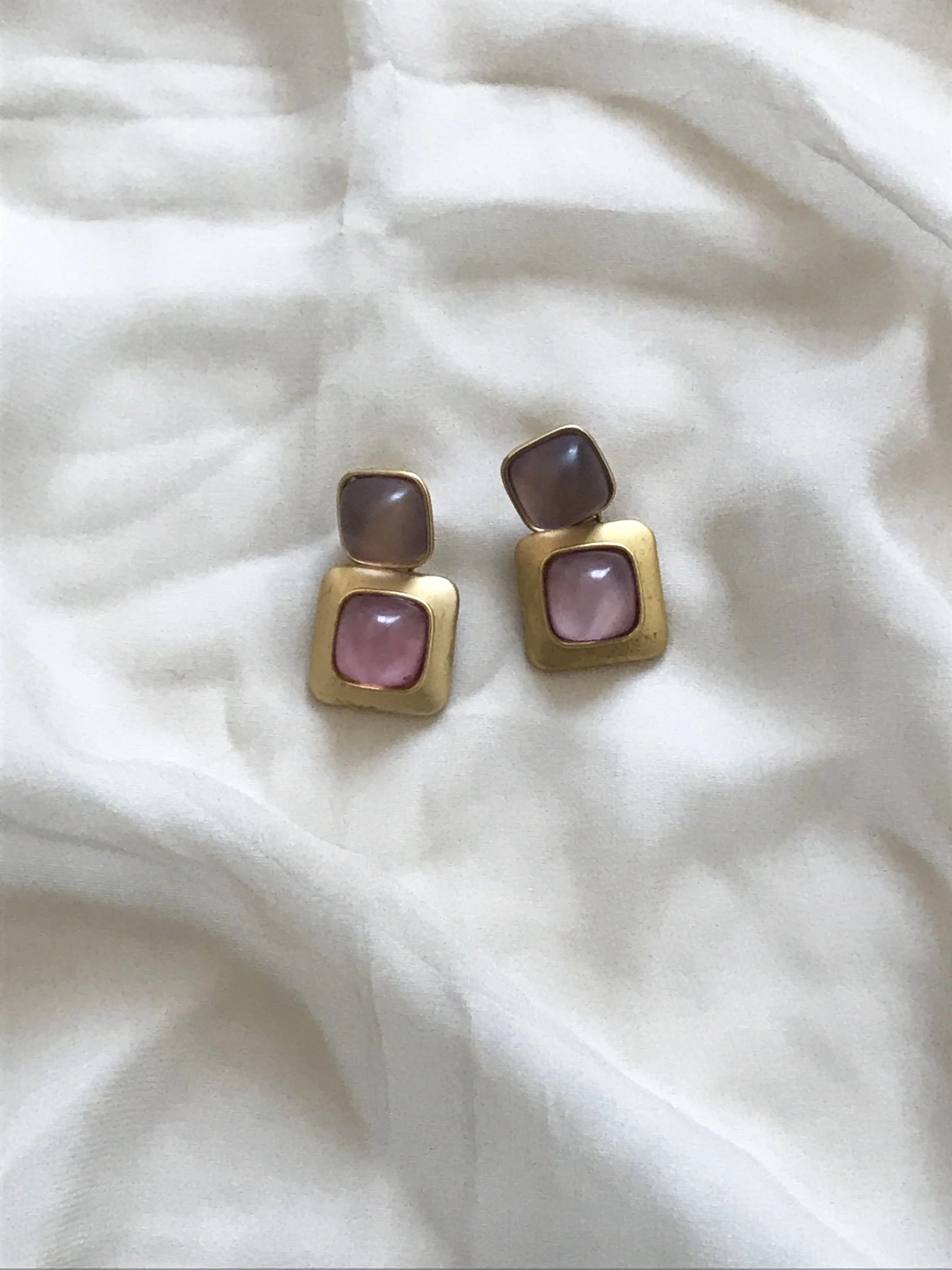 1980s Gold and Pink Glass Square Drop Earrings