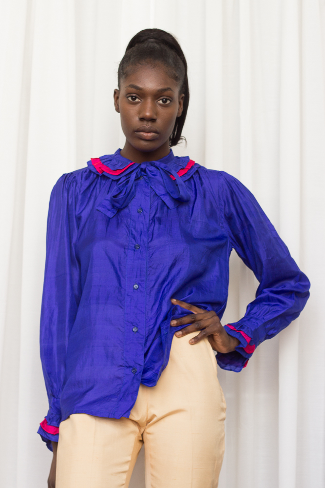 1970s Ultra Marine Indian Silk Pierrot Collar Blouse