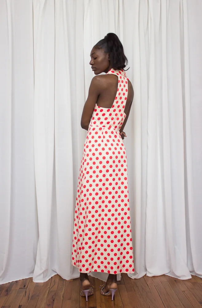 1970s Creme &amp; Poppy Polka Dot Maxi Dress