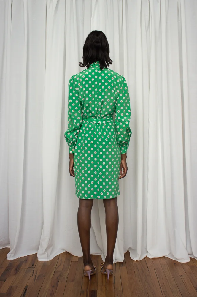 1980s Spring Green Daisy Print Shirt Dress