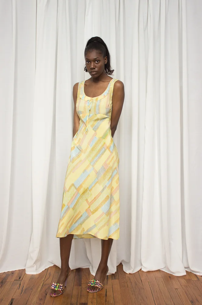 1990s Yellow Patchwork Print Silk Slip Dress