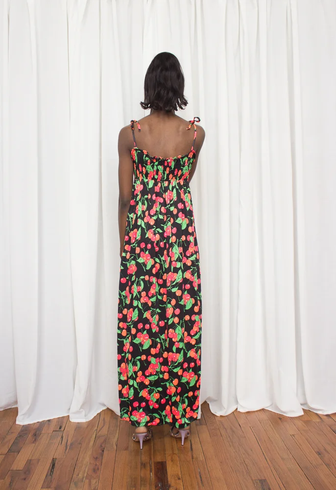 1970s Cartoon Cherry Print Smocked Maxi Sun Dress