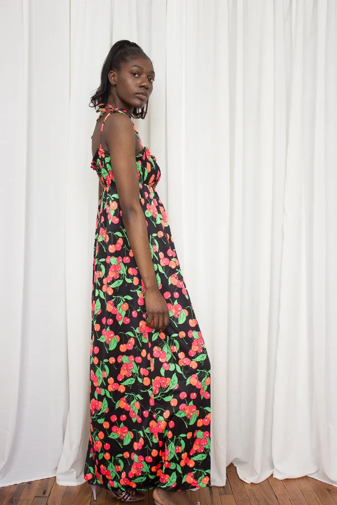 1970s Cartoon Cherry Print Smocked Maxi Sun Dress  Wayward Collection