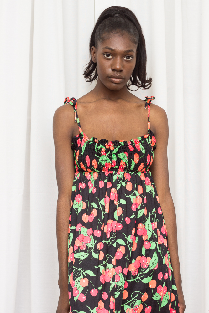 1970s Cartoon Cherry Print Smocked Maxi Sun Dress  Wayward Collection