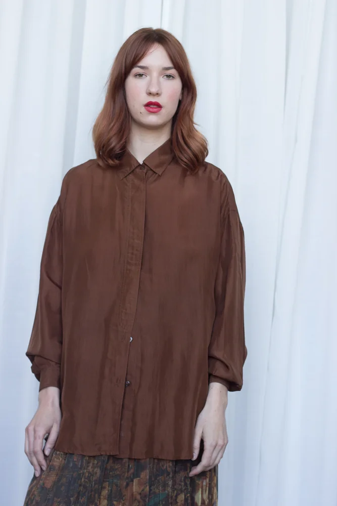 1980s Rich Hazelnut Silk Oversize Top