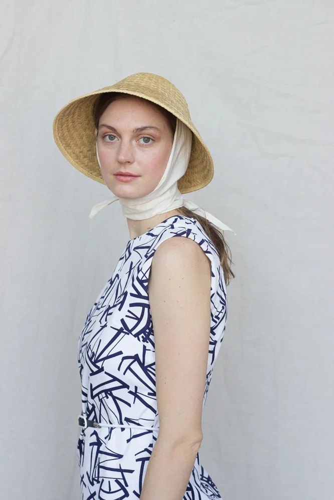 1940s Straw Hat with Cotton Scarf