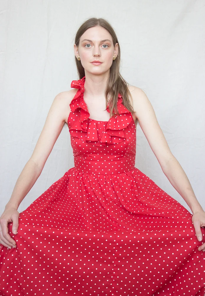 1970s Red Ruffled Polka Dot Halter Dress