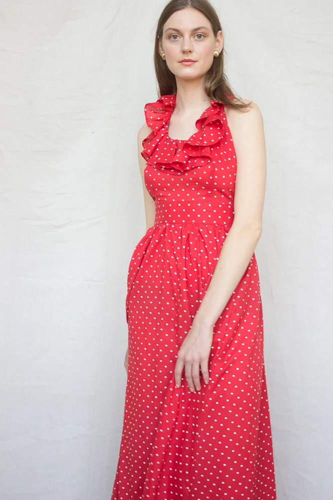 1970s Red Ruffled Polka Dot Halter Dress  Wayward Collection