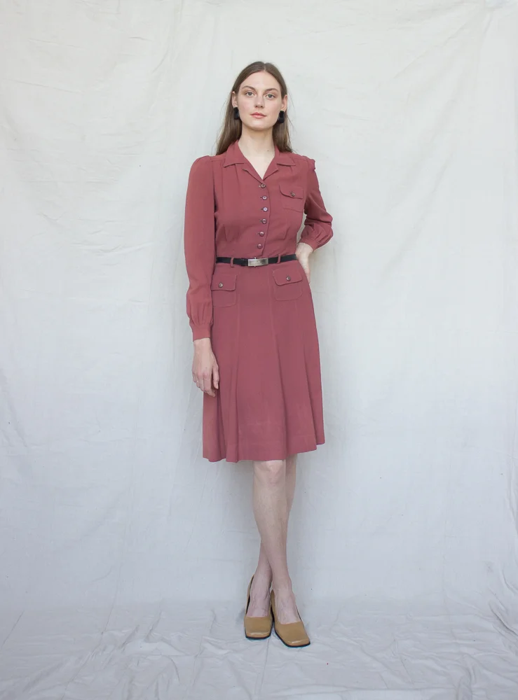 1940s Dusty Rose Crepe Shirt Dress