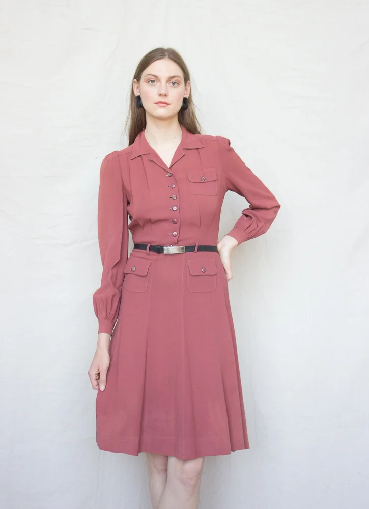 1940s Dusty Rose Crepe Shirt Dress Wayward Collection 1940s Dusty Rose Crepe Shirt Dress Wayward Collection