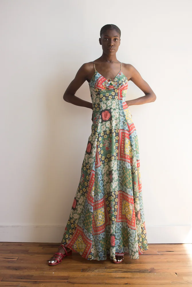 1970s Patchwork Print Floral Maxi Dress