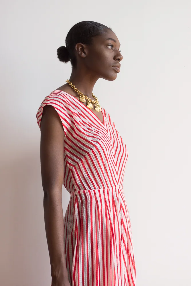 1940s Red and White Chevron Seersucker Dress