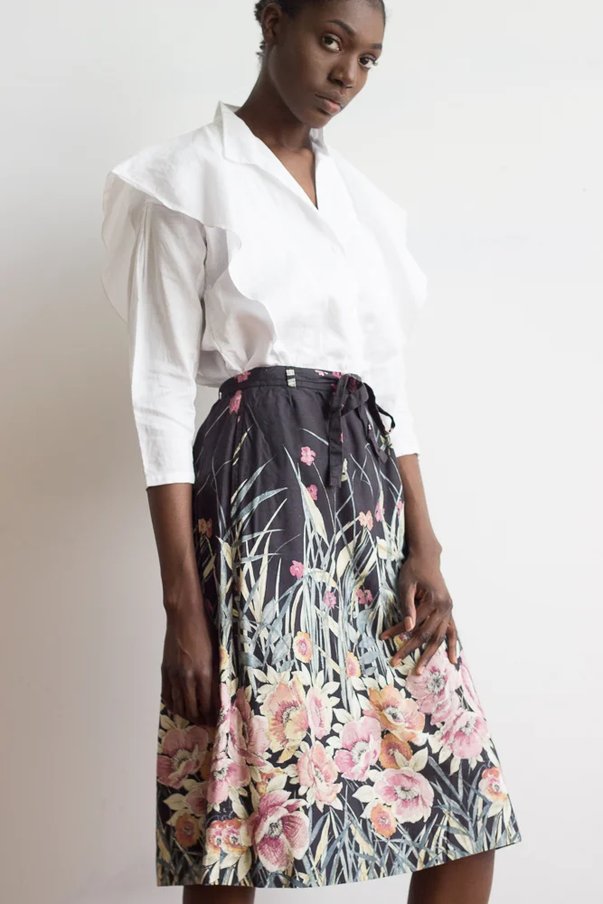 1970s Black Poppy Field A-Line Skirt