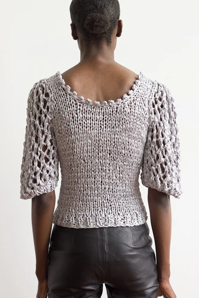 1970s Dove Gray Ribbon Knit Blouse