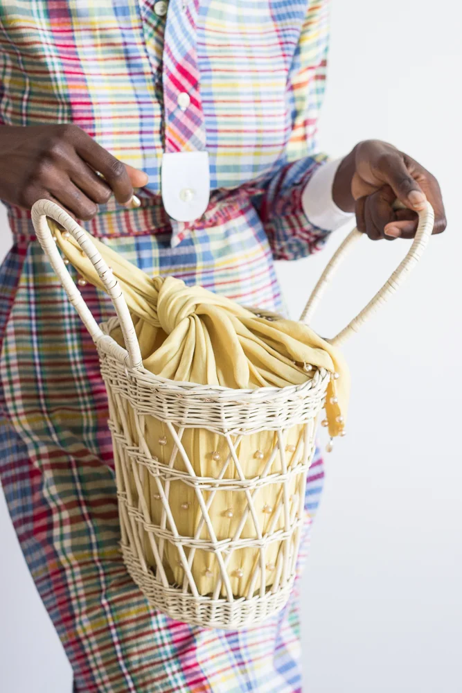 1950s Japanese Wicker Basket Bag with Silk Crepe Lining