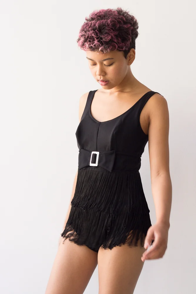 1960s Black Fringed Two Piece Swimsuit