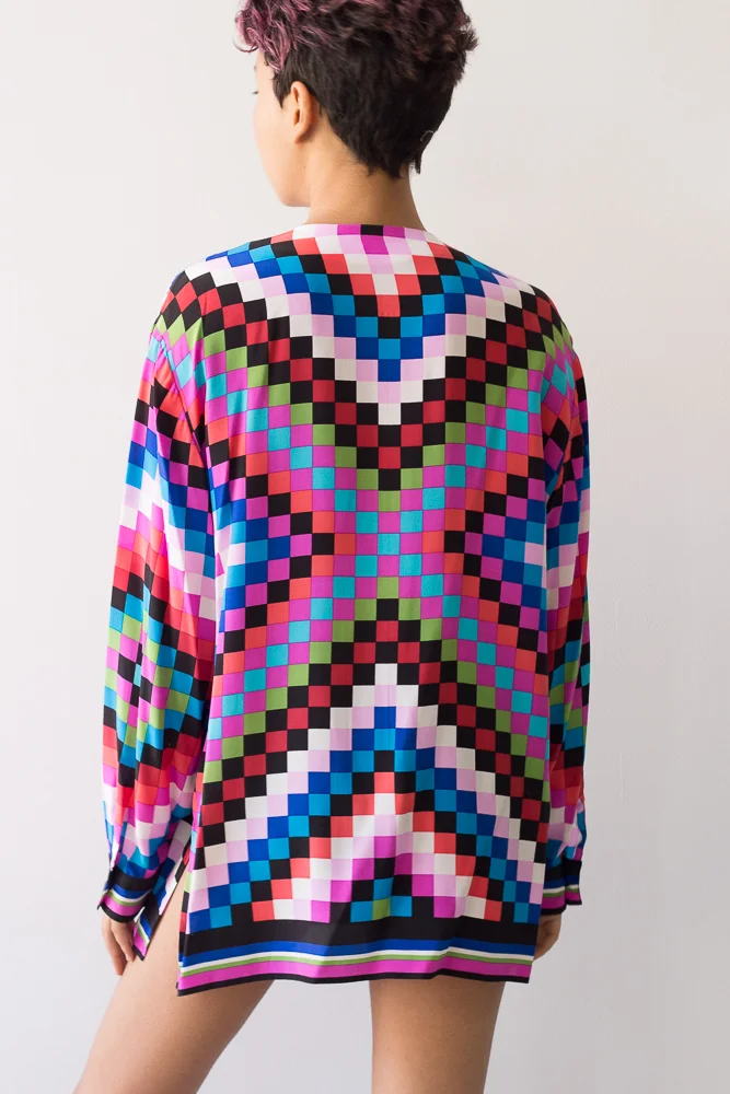 1990s Silk Quilt Square Print Blouse
