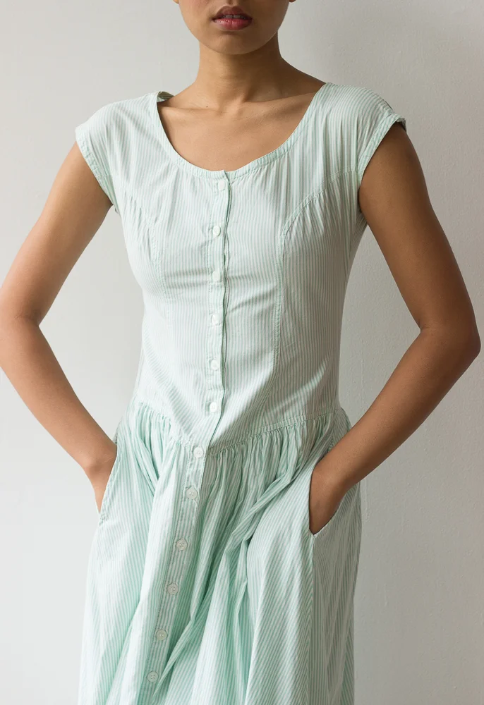 1970s Mint Ticking Striped India Cotton Sun Dress