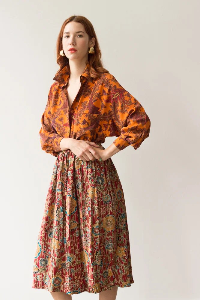 1970s Arts &amp; Crafts Floral Silk Skirt