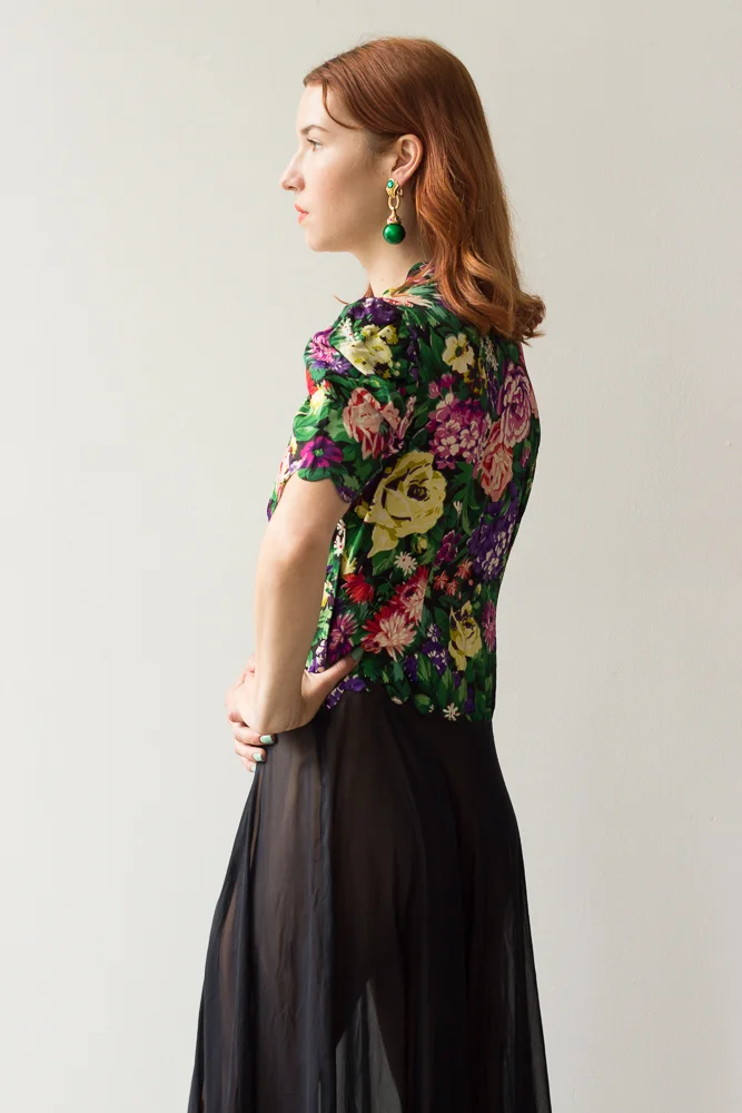 1940s Floral Cold Rayon and Silk Chiffon Gown