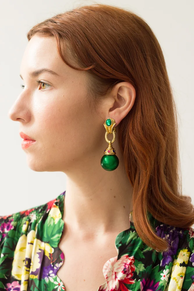 1980s Green and Gold Mirror Ball Earrings