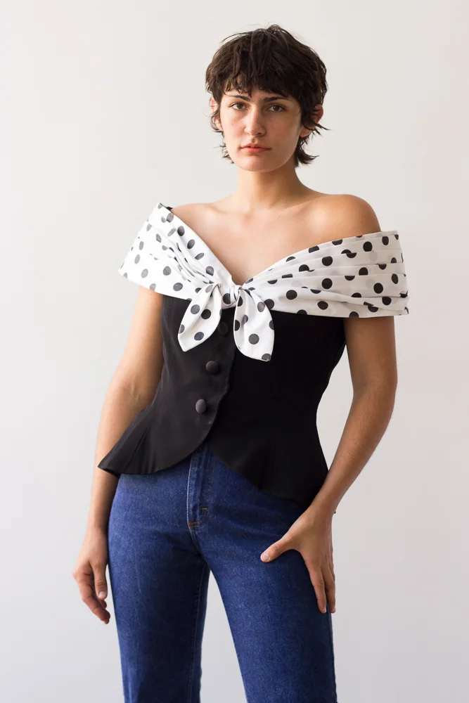 1980s Morton Myles Polka Dot Off-the-Shoulder Bodice